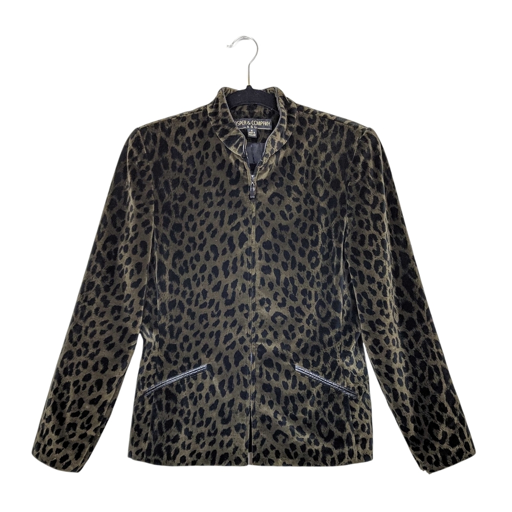 😺 Vintage Kasper Cheetah Print Sports Blazer Full-Zip Faux Leather Accents